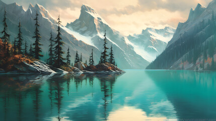 Vista de tirar o ar de um lago no meio das montanhas alpinas - obrazy, fototapety, plakaty