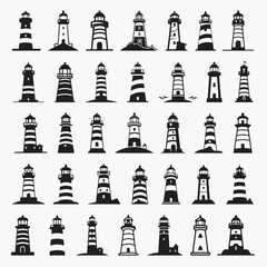Lighthouse silhouette icons set logo black beacon light ocean sea light house nautical marine silhouettes vector illustration