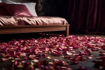 Bed scattered with rose petals. Generative AI