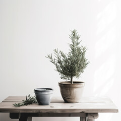 Rosemary in a pot, minimalistic style.