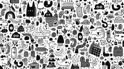 Whimsical Monochrome: Cartoon-style Black and White Doodle Drawings Wallpaper 3, Generative AI