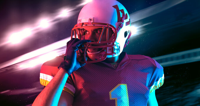American football player. Download high resolution photo for sports design. Horizontal banner in neon colors. Mockup for betting advertisement.