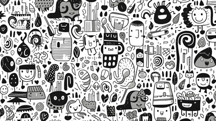 Whimsical Monochrome: Cartoon-style Black and White Doodle Drawings Wallpaper 2, Generative AI