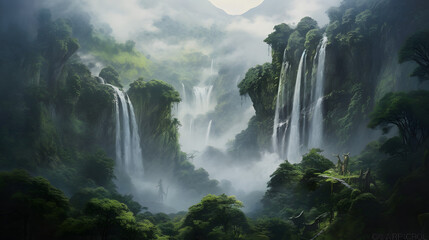 Cachoeira majestática caindo sobre exuberante monte verde - obrazy, fototapety, plakaty