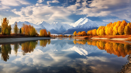 Vista panorâmica de um lago serene refletindo montanha coberta de neve - obrazy, fototapety, plakaty