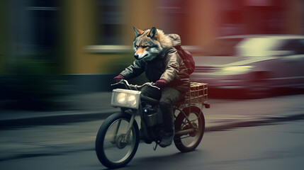 cool wolf, in jacket and urban clothes riding a bike very fast, long exposure, ai generative