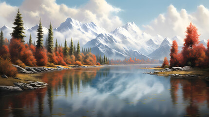 Vista panorâmica de um lago serene refletindo montanha coberta de neve - obrazy, fototapety, plakaty