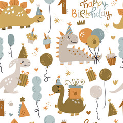 Happy birthday seamless pattern with cute dinosaurs.
