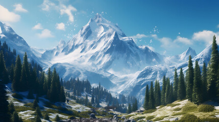 Montanha com neve no meio da floresta - obrazy, fototapety, plakaty