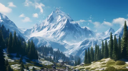 Poster Montanha com neve no meio da floresta © Alexandre
