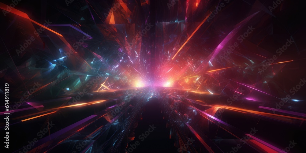 Poster cosmic background with colorful laser lights and broken fractal elements. generative ai aig21.