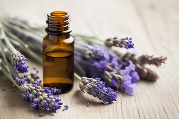 Obraz na płótnie Canvas Organic lavender essential oil and fresh lavender flowers