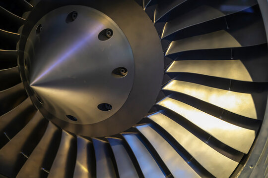 Closeup of a turbine engine of an airplane