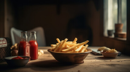French fries, potato snack with ketchup, fast food on a wooden table, a side dish. Generative AI