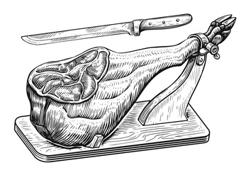 Sketch of dried jamon leg on wooden stand. Hand drawn illustration Ham meat - obrazy, fototapety, plakaty