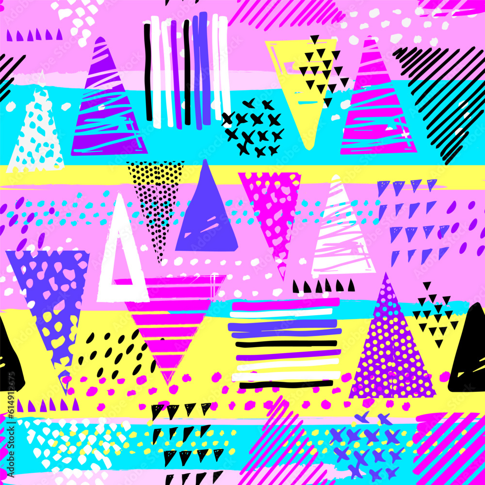Poster vector geometric neon pattern with triangles on black background. abstract colorful seamless wallpap