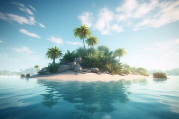 Fototapeta na wymiar Island paradise for relaxation and love. 3D rendering of palm tree oasis in calming blue water. Generative AI