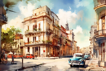 Havana city in watercolor style. with typical Cuban vehicle. image and traditional, travel concept. vacation. tourist destination. image generated with ai - obrazy, fototapety, plakaty