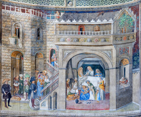 NAPLES, ITALY - APRIL 23, 2023: The fresco of Naitvity of Virgin Mary in the church Chiesa di San Giovanni a Carbonara by Leonardo da Besozzo from 15. cent.	
