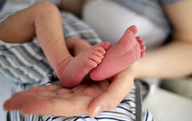 Mother with newborn baby feet closeup