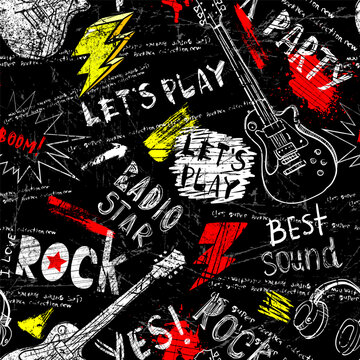 Abstract seamless modern pattern with guitar, headphones, spray paint, words rock star.  Abstract fashion drawing print design in hand drawing style.