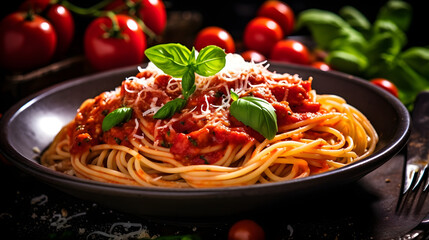Prato de espaguete com molho de tomate - obrazy, fototapety, plakaty