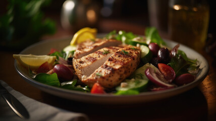 Grilled chicken fillet and greek salad. Generative AI