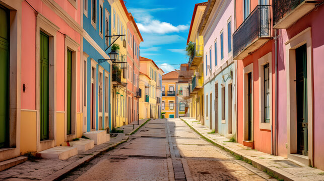 Rua charmosa em cidade histórica com casas coloridas