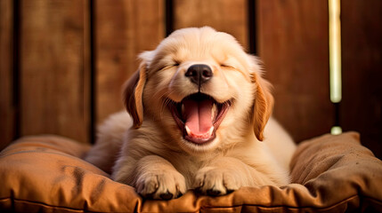A cute Golden Retriever puppy having a big yawn - Generative AI  - obrazy, fototapety, plakaty