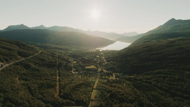 Epic majestic view of norwegian landscape from above in bright sunlight
