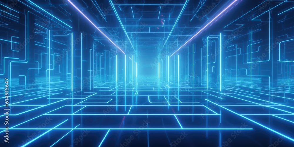 Poster blue neon lights in rectangular shapes flowing into one direction. generative ai aig21.