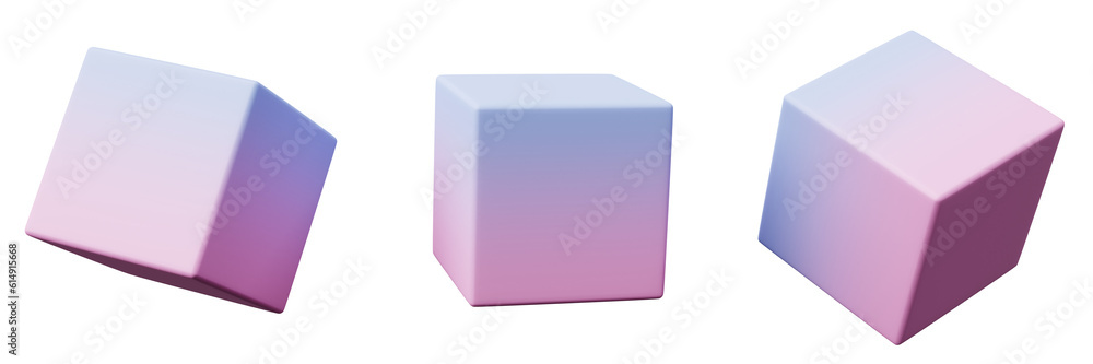 Poster 3d cube pink blue gradient color, realistic rendering of 3d geometry shape object