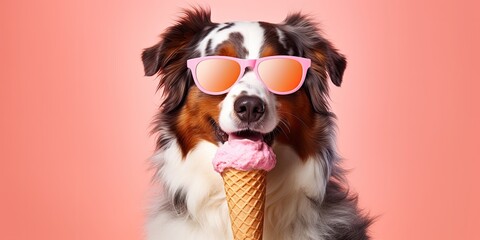 australian shepherd wearing sunglasses eating ice cream on a pink background Generative AI