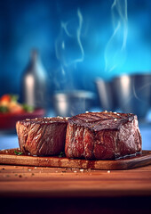 Fototapeta na wymiar grilled filet mignon steak, blue background, vertical image