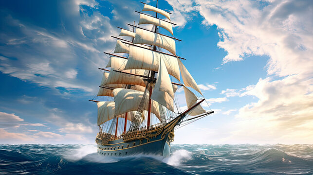 Ship of the Line sailing at full sail on the  open sea - Generative AI