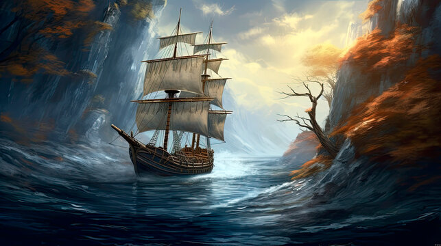 A Ship of the Line sailing down the River Styx - Generative AI