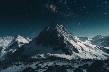 Fototapeta na wymiar A snowy mountain landscape beneath a vast starry sky, with the main caucasian ridge in view. Generative AI
