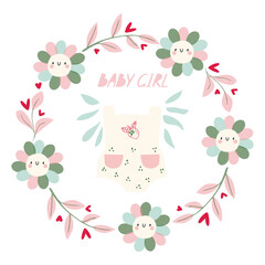 Floral frame with a baby bodysuit in the center for a girl. Vector design postcards for newborns.