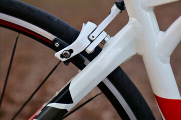 bicycle frame detail with rear brake caliper, rear wheel, spokes and tire (close up of white painted aluminum bicycle frame) road bike with 700c wheels, unique construction - Powered by Adobe
