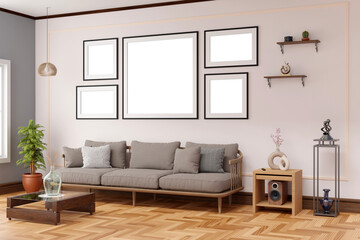 modern living room with large fabric sofa next to cofee table, multiple frames on wall, wooden stand, speaker, shelves and plant.