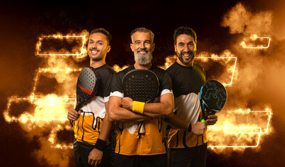 Team of padel tennis player with racket. Men athletes with paddle racket on court with neon colors....