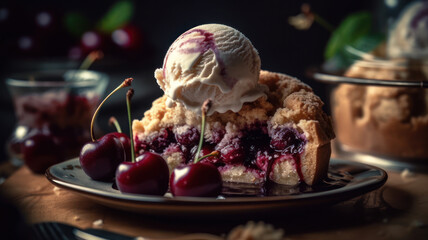 Obraz na płótnie Canvas Homemade sweet cherry cake with vanilla ice cream ball. Slice of cherry pie topped with scoop of melting ice cream. Generative AI