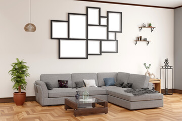 modern living room with sofa with large gray fabric sofa next to cofee table, multiple frames on wall, wooden stand, speaker, shelves, hanging lamp and plant.