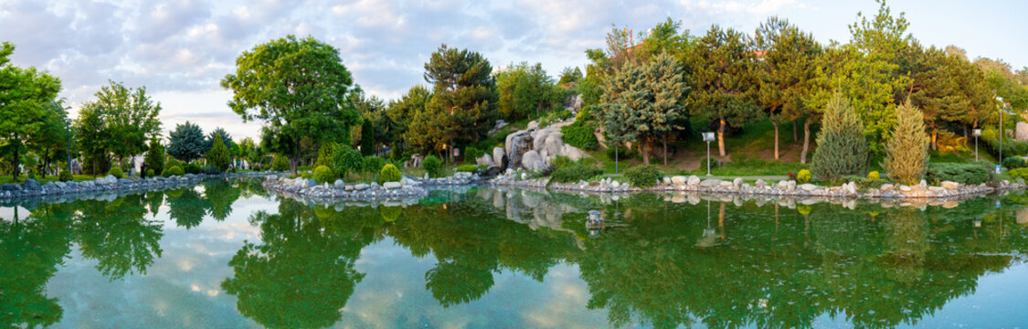 The panoramic view of the artificial pond in Ankara 50th Year Park (50. Yil Parki).