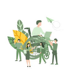 Flat design vector illustration of Disability people that productive, sosial workers, assistance to a disabled person, a man in a wheelchair working at a computer.