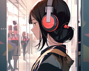 Fototapeta na wymiar Beautiful anime girl listening music