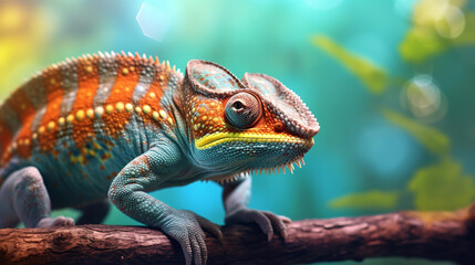 Obraz premium Close up portrait of colorful vibrant chameleon on tree branch