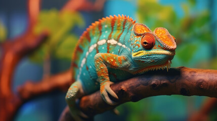 Close up portrait of colorful vibrant chameleon on tree branch