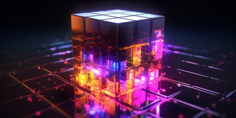 Reflective glow of neon lights on a cube, creating a captivating and dynamic visual effect. Generative Ai
