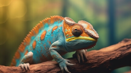 Fototapeta premium Close up portrait of colorful vibrant chameleon on tree branch